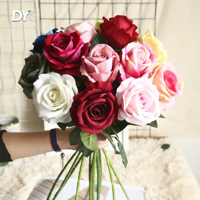 Artificial Red Flowers Pearl Flannel Silk Roses Faux Bridal Wedding Bouquet for Home Garden Party Floral Decor Featured Image